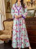 Ethnic Clothing 2024 Floral Print V Neck Kaftan Abaya Elegant Long Sleeve Maxi Dress Dubai Turkish Muslim Loose Islamic