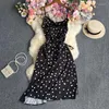 Casual Dresses Summer Korean Style Fashion Polka Dot One Word Collar Suspender Dress Women's High Waist Slimming Tie Slit A Long Skirt