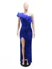 Casual Dresses Formal High Slit Sequins For Women Feathers Glitter One Shoulder Sleeveless Sparkle Stylish Sexy Backless Party Gown