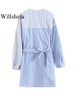 Kadın bluzları willshela kadın moda ile bow mavi çizgili bandaj bluz vintage v yaka uzun kollu kadın şık bayan gömlekleri