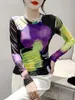 Autumn Fashion Printing Positioning Flower Long Sleeved Round Neck Tshirt Female Slim Fit DoubleLayer Mesh T Shirts Tops 240130