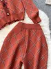 Zweiteilige Damenhose SINGREINY Winter Retro Plaid Stricksets Einreiher V-Ausschnitt Strickjacke Elastisch Weites Bein Lange Hose Damen Pullover