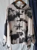 Kvinnors blusar Johnature Kvinnor Kinesiska stil Ramie -skjortor står långärmad knapp toppar Löst hösten 2024 bläck och tvätttryck