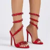 Sapatos de vestido IPPEUM Mulheres Sandálias Saltos Ankle Straps Preto Vermelho Strass Festa Sandalias de Mujer