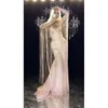 Scenkläder Wome Sexig Tassel Pink Long Dress Sparkly Rhinestones Women Evening Party Costume Nightclub Singer Performance