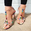 Dress Shoes Multi-color Beaded Clear PVC T Strap High Heel Sandals Sexy Plaide Printed Leather Ankle Gladiator Heels Banquet