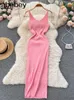 Casual Dresses 2024 Spaghetti Strap Slim Long Dress Women Sexy Sheath Maxi Bodycon Sundress Solid Chain Knitted Summer Backless