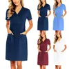 Casual Dresses Solid V Neck Dress Kort ärmfickor Kontor Lady Working Women's Simple Basic Slim Elegant Robe