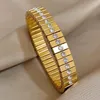 Bangle Aensoa Retângulo Chunky Elasticidade Geométrica Inlay Zircon Pulseira de Aço Inoxidável para Mulheres Grosso Jóia de Pulso À Prova D 'Água