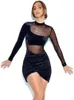 Ahagaga Mode Sexy Party Samt Kleider Frauen Elegante Mesh Patchwork Durchsichtig Schlank Bodycon Volle Hülse Vestidos Roben Falten 240129