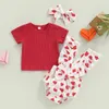 Conjuntos de ropa Día de San Valentín Conjunto de ropa para niñas de color sólido Camisetas con cuello redondo Estampado de corazón Pantalones cortos con tirantes Diadema Traje de 3 piezas