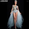 Stage Wear Sparkly Strass Branco Malha Trailing Bodysuit Mulheres Cantor Traje Nightclub Bar Party Sexy Performance Roupas