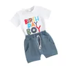 Комплекты одежды из 2 предметов, наряд на день рождения для маленьких мальчиков и девочек, футболка с короткими рукавами и надписью, топы, шорты, комплект летней одежды
