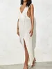 Women's Swimwear 2024 White Crochet V-neck Lace-up Beach Dress Sunscreen Smock Backless Sexy Split Tunic Bikini Swimsuit Cover-ups A2277