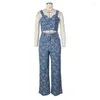 Women's Two Piece Pants Znaiml Womens 2 Outfit Clubwear Birthday Crop Top And Wide Leg Rave Festival Floral Print Denim Pant Matching Sets
