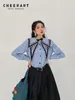 Women's Blouses CHEERART Vintage Sailor Collar Blue Striped Shirt For Women Designer Long Sleeve Top And Blouse Button Up Fall 2024