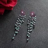 FXLRY Luxury Long Black Gun Plated Vintage Purple Rose Flower With Green Tassel Earring For Women Jewelry 240122