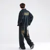 Gmiixder American Retro Vintage Denim Lapel Jacket Mens Hight Street Drape Wide Leg Jeans Hip Hopズボンスーツルピース240122