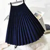 Skirts Elegant Dark Blue Pleated Mid-length Skirt Women Autumn And Winter High Elasticity Waist Office Ladies Slim Casual Working