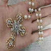 Choker Elegant Victorian Imitation Pearl Rosary Necklace Large Statement Gothic Emo Vampice Grunge Handmade Crystal Cross Jewelr