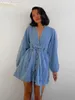 Robes décontractées Clacive Sexy Denim bleu pour femmes mode col en V à manches longues à lacets mini robe élégante femme à boutonnage unique