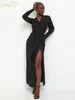 Vestidos casuales Clacive Fashion Black Glitter Women's 2024 Sexy con cuello en V Manga larga Vestido hasta el tobillo Elegante Slim Slit Party