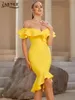 Casual Dresses Adyce Women's Bodycon Bandage Dress Sexig V Neck Vestidos Midi Ruffles Celebrity Night Club Evening Party Yellow Slim