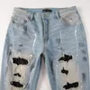 Men's Jeans EU Drip Blue Distressed Rhinestones Patches Painted Italian Holes Slim Fit Stretch Graffiti Ripped