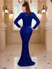 Long Sleeve Padded Sequin Maxi Dress Floor Length Sparkle Stretch V Neck Mermaid Formal Evening Night Party Gown Royal Blue 240129