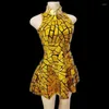 Stage Wear Sexy Club Party Laser Short Dress Gold Mirror Sequins Birthday Performance Sleeveless Mini Singer Show Dance Costume