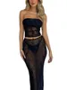 Ethnic Clothing Elegant Lace Strapless Tube Top And Bodycon Maxi Skirt Set For Women - Sexy 2 Piece Outfit Summer Parties Clubbing