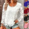 Damesblouses Dames Effen kleur Tops Stijlvolle kanten blouse met lange mouwen O-hals Trui Modieus streetwear T-shirt voor dames