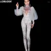 Stage Wear Pink Rhinestones Mesh Sleeve Jumpsuit For Women Evening Birthday Prom Celebrate Outfit Bar Concert Singer Leotard Costume