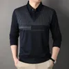 Spring and Autumn Men's Pullover Polo Collar Stripe Contrast Button Solid Fake Two Piece Long Sleeve Tshirt Bottom Tops 240129