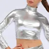 Blouses Femmes Femmes Party Top Brillant Faux Cuir Demi-Col Haut Crop Pour Discothèque Stage Show T-shirt À Manches Longues