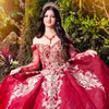 Röd quinceanera klänning boll klänning från axel guld applikationer spets pärlor tull mexikansk långärmad söt 16 vestidos de 15 anos