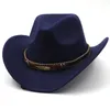Wool damska męska kowbojska kapelusz dla dżentelmena Lady Jazz Cowgirl z skórzanym Kościołem Cloche Sombrero Caps 240126