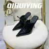 Chinelos Qihuiying Handmade Genuíno Couro Lace-Up Pointed-Toe Salto Alto Stilettos Mulher Street Style Mules Night Club Feminino