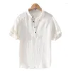 Men's Casual Shirts Summer Loose Fashion Versatile Linen Pullover Shirt Solid Color Polo Collar Retro Youth Large Half Sleeve