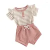 Ensembles de vêtements pour bébé fille, vêtements d'été en coton, manches courtes, volants rayés, barboteuse, ensemble short, tenue confortable, 2 pièces