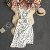 Casual Dresses Summer Korean Style Fashion Polka Dot One Word Collar Suspender Dress Women's High Waist Slimming Tie Slit A Long Skirt