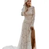 Boho Кружева Русалка Свадебные платья Jewel Neck с длинными рукавами Аппликации Robe De Soiree Свадебные платья Пляжное платье невесты с разрезом по бокам