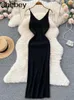 Casual Dresses 2024 Spaghetti Strap Slim Long Dress Women Sexy Sheath Maxi Bodycon Sundress Solid Chain Knitted Summer Backless