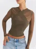 Mozision Sheer Mesh Long Sleeve Sexy Tshirt Women 2023 Autumn V Neck Zipper Layered Skinny Club Party Tops 240201