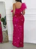 Casual Dresses Formal High Slit Sequins For Women Feathers Glitter One Shoulder Sleeveless Sparkle Stylish Sexy Backless Party Gown