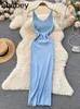 Casual Dresses 2024 Spaghetti Strap Slim Long Dress Women Sexy Sheath Maxi Bodycon Sundress Solid Chain Knitted Summer Backless