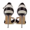 Sandalen Schwarz-Weiß-Stiletto-Absätze Kleidschuhe Knöchelriemen Metallpumps Peep Toe Gestreifter High Heel Damengröße 42