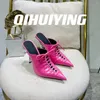 Chinelos Qihuiying Handmade Genuíno Couro Lace-Up Pointed-Toe Salto Alto Stilettos Mulher Street Style Mules Night Club Feminino