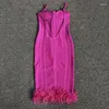 Casual Dresses Purple Color Women Sexy Halter Off The Shoulder Bodycon Midi Bandage Feathers Dress Celebrate Nightclub Party Birthday