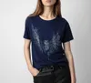 Nuevo verano zadig voltaire Camiseta para mujer Zv Camiseta clásica con letras doradas Hot Diamond color azul Camisetas ajustadas Camisetas de algodón para niñas Tops